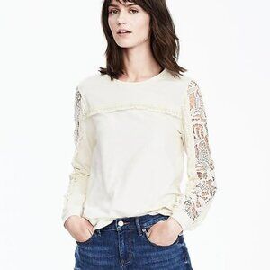 Banana Republic | Long Sleeve Fringe Top with Crochet Sleeves | Cream/Ivory | XL